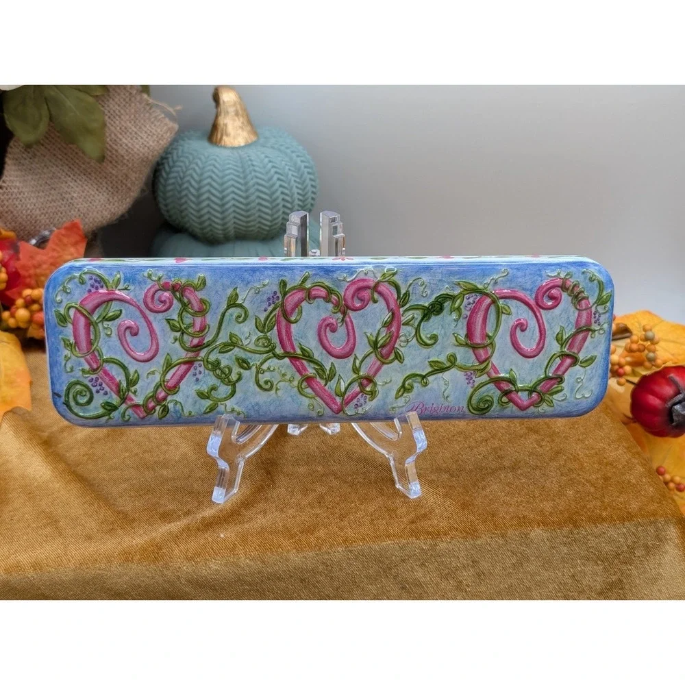Brighton Metal Tin Case Long Pink Hearts Ivy Vines Jewelry Watch Box Vintage